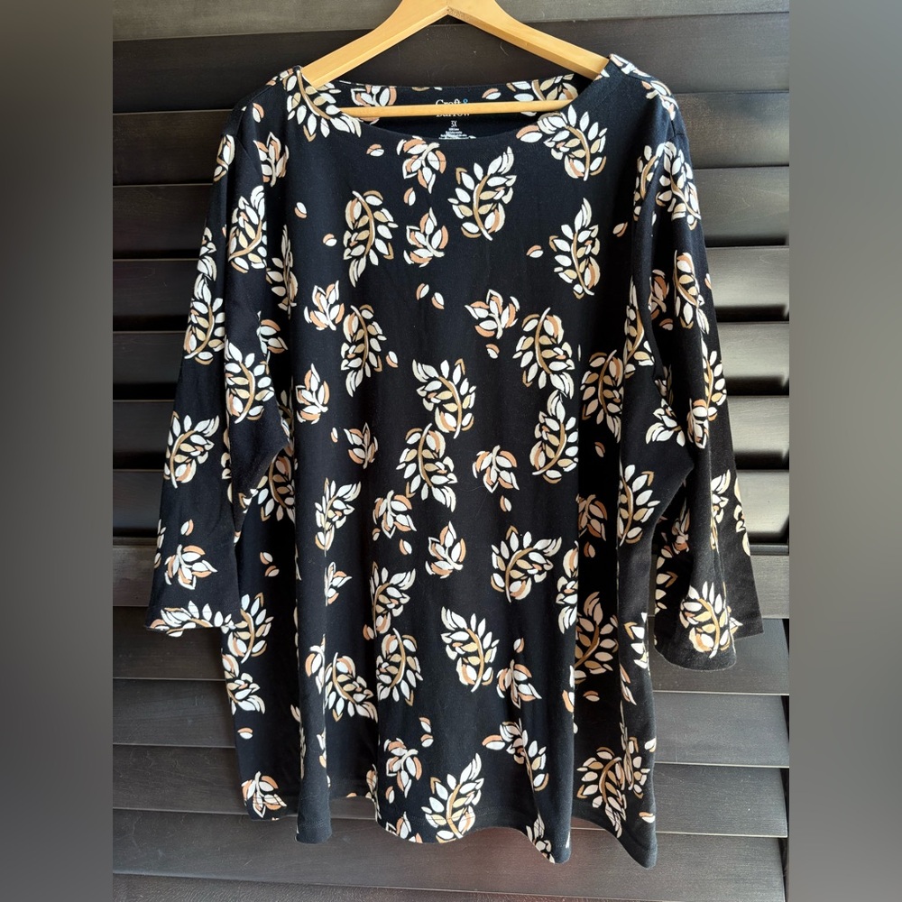 Croft & Barrow Women's Cotton 3X Black 3/4 Sleeves Blouse with Tan Leaf Pattern